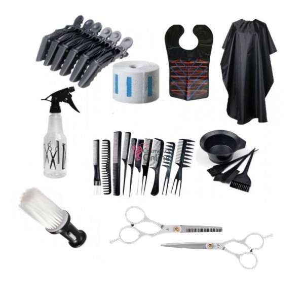 Set ustensile si accesorii frizerie, coafor, cu pamatuf, pelerina, pulverizator, șorț, piepteni, rola frizerie, model KT011